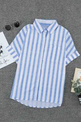 Blue White Stripes Roll up Short Sleeve Button Down Shirt