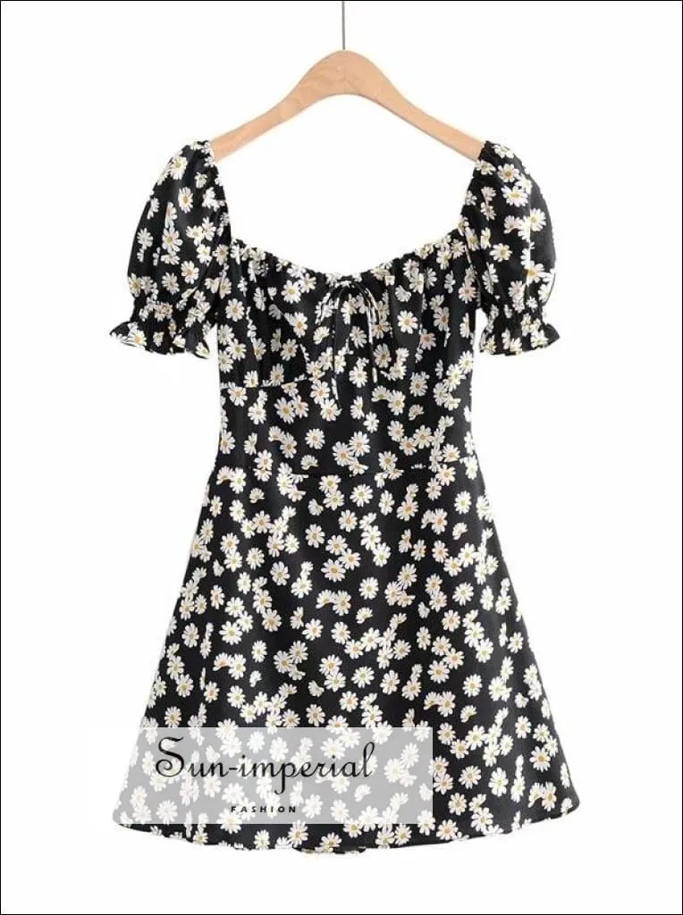 Blue - Women Square Neck Floral Print Mini Dress with Puff Sleeve