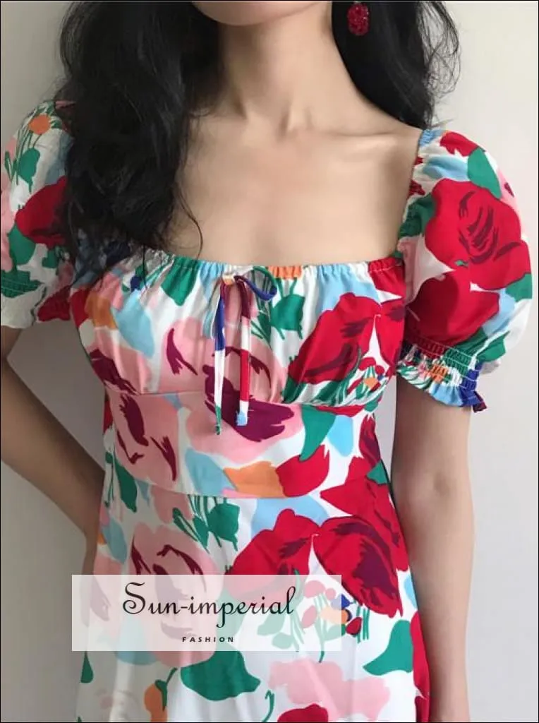 Blue - Women Square Neck Floral Print Mini Dress with Puff Sleeve