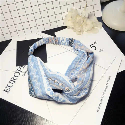 Bohemian Style Elastic Headbands Boho Cross Floral Turban Girls Flower Hairbands Striped Headwrap Hair Accessories For Women