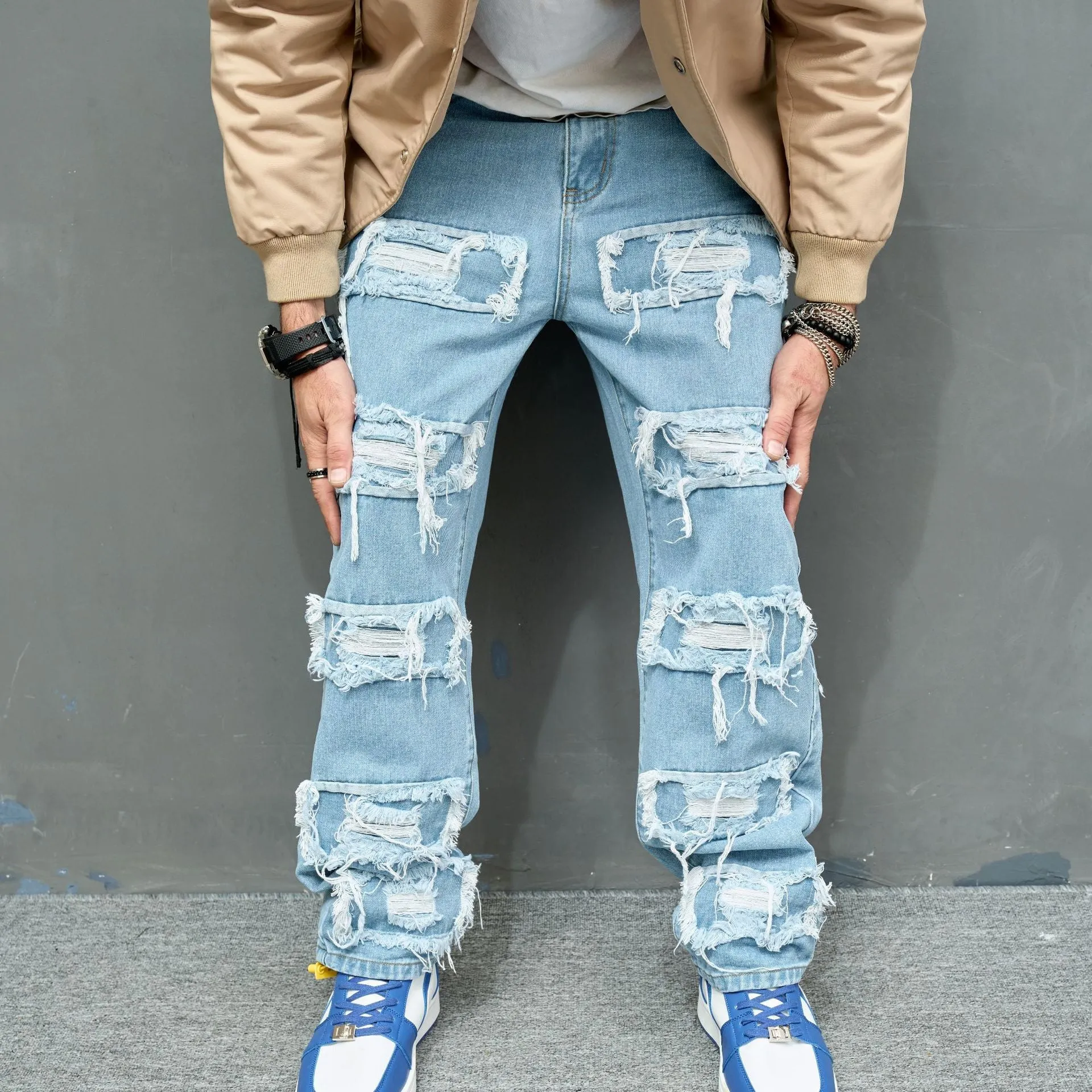 Bonsir 90s fashion men New Men's Jeans Knee Worn Stretch Casual Slim Fit Men's Skinny Pants Fashion