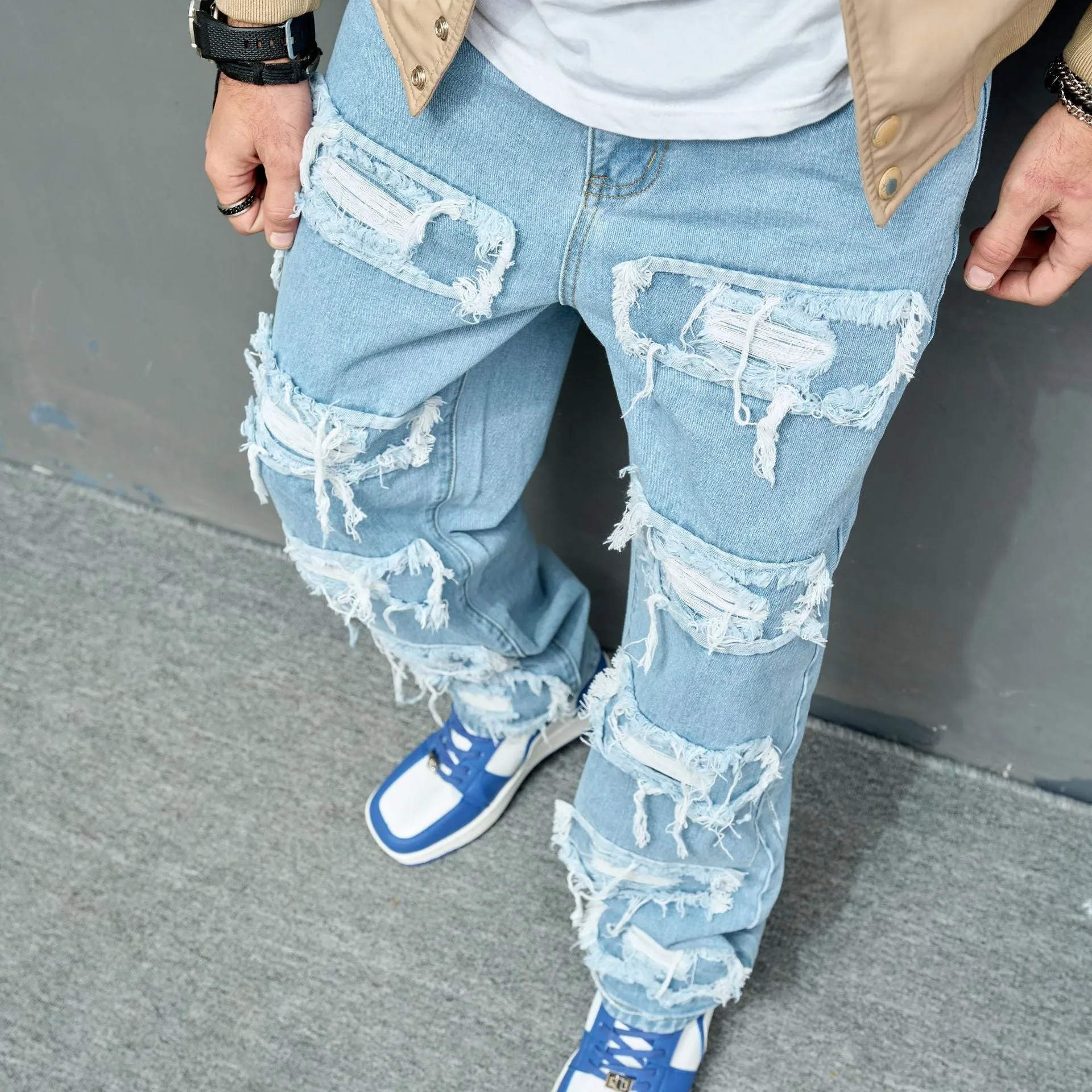 Bonsir 90s fashion men New Men's Jeans Knee Worn Stretch Casual Slim Fit Men's Skinny Pants Fashion