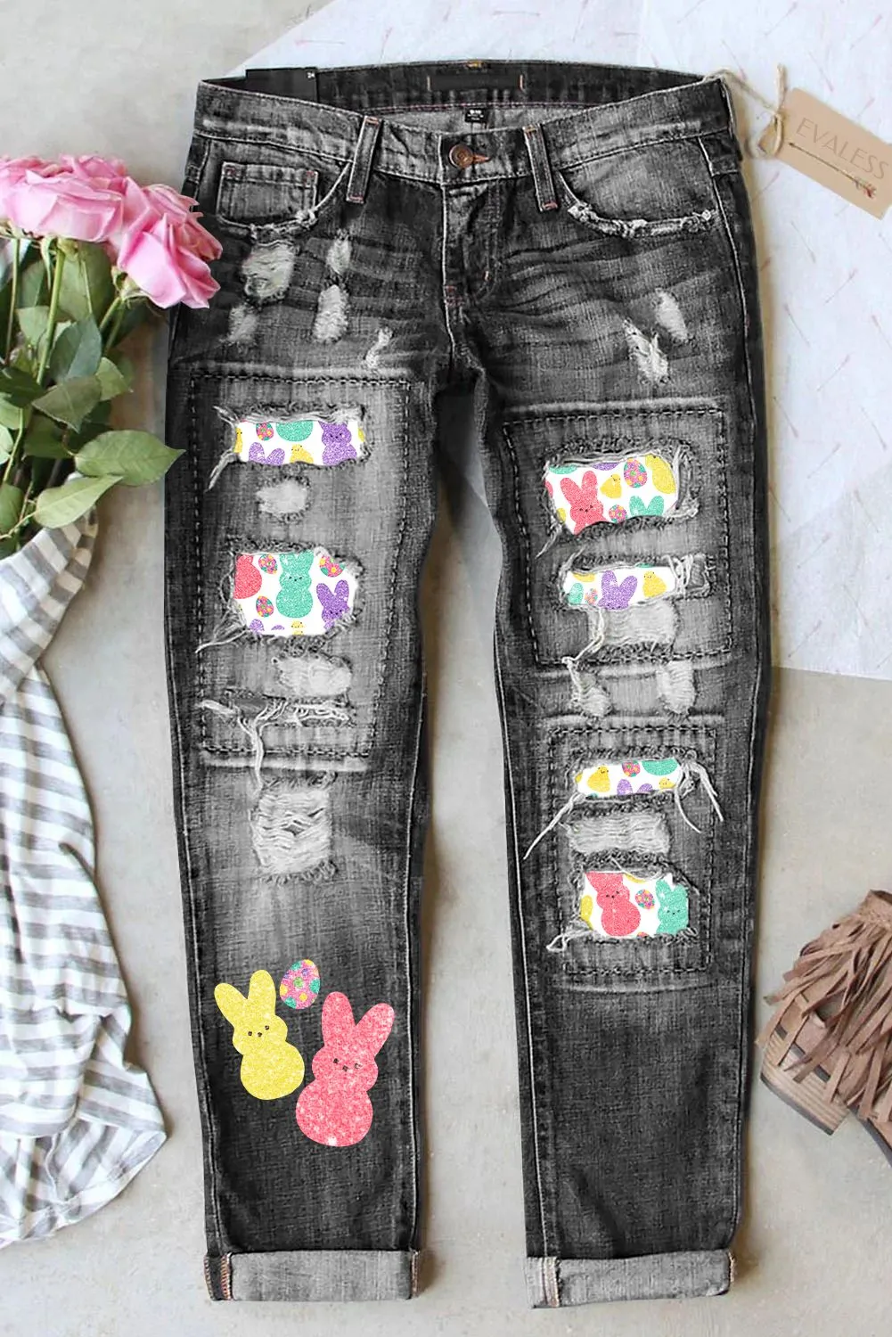 Bunny Rabbit Print Denim Pants Distressed Skinny Jeans for Women