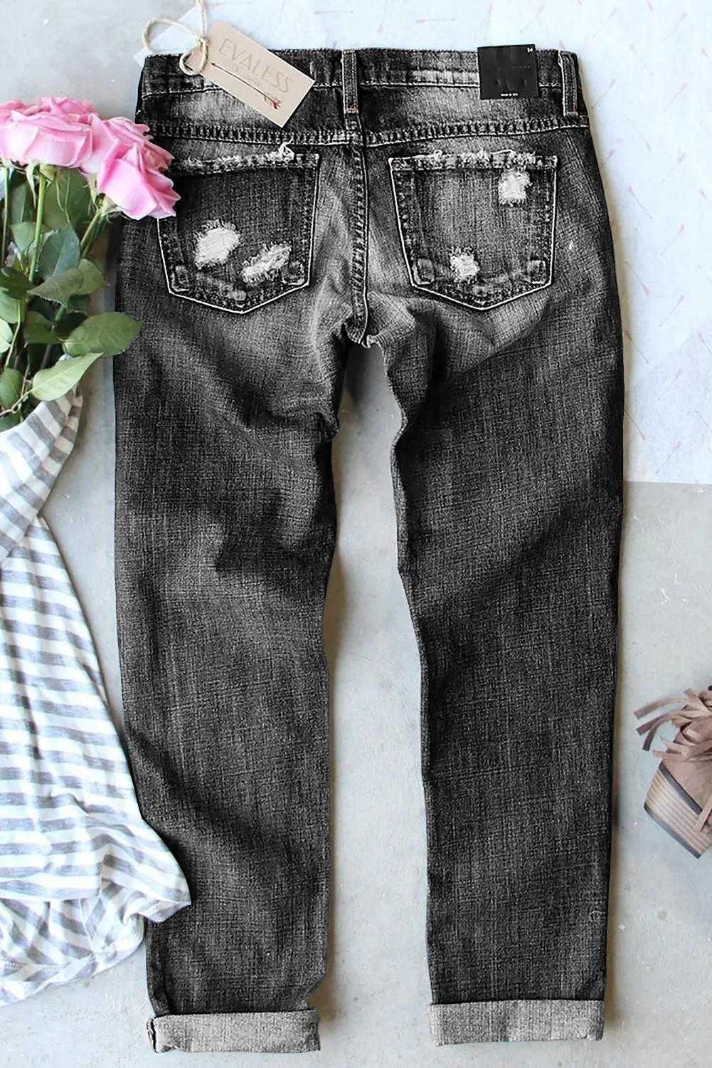 Bunny Rabbit Print Denim Pants Distressed Skinny Jeans for Women