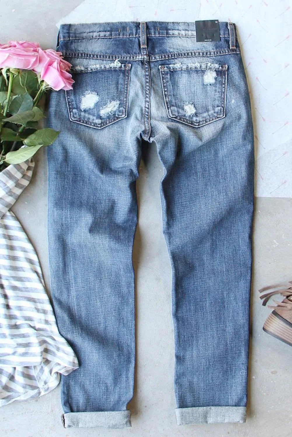 Bunny Rabbit Print Denim Pants Distressed Skinny Jeans for Women