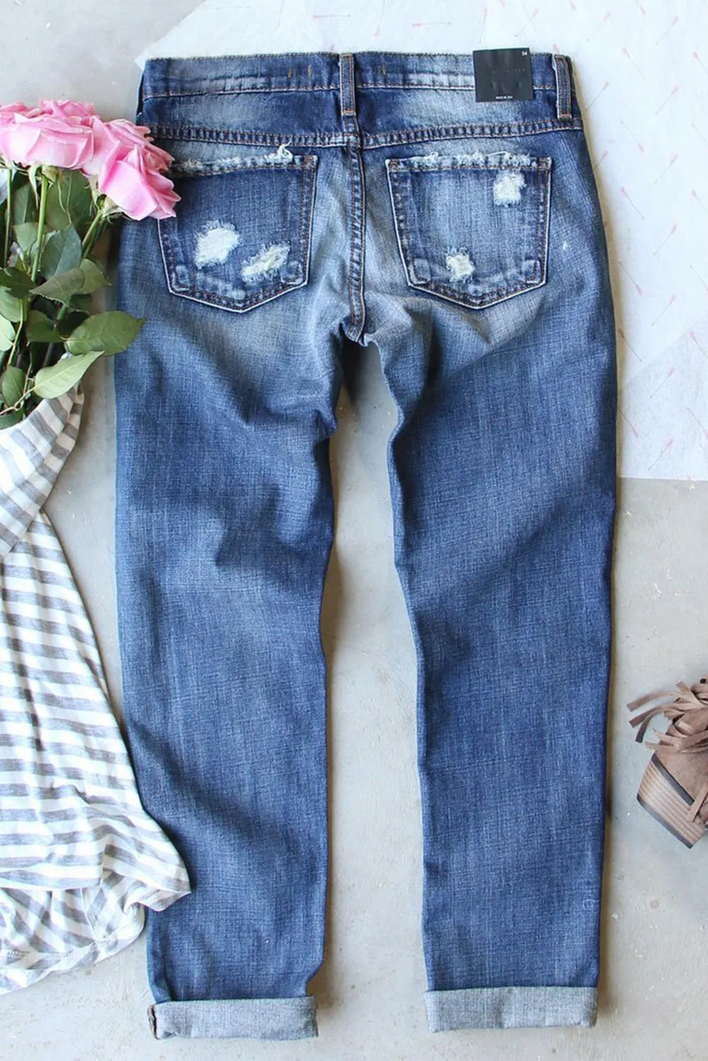 Bunny Rabbit Print Denim Pants Distressed Skinny Jeans for Women