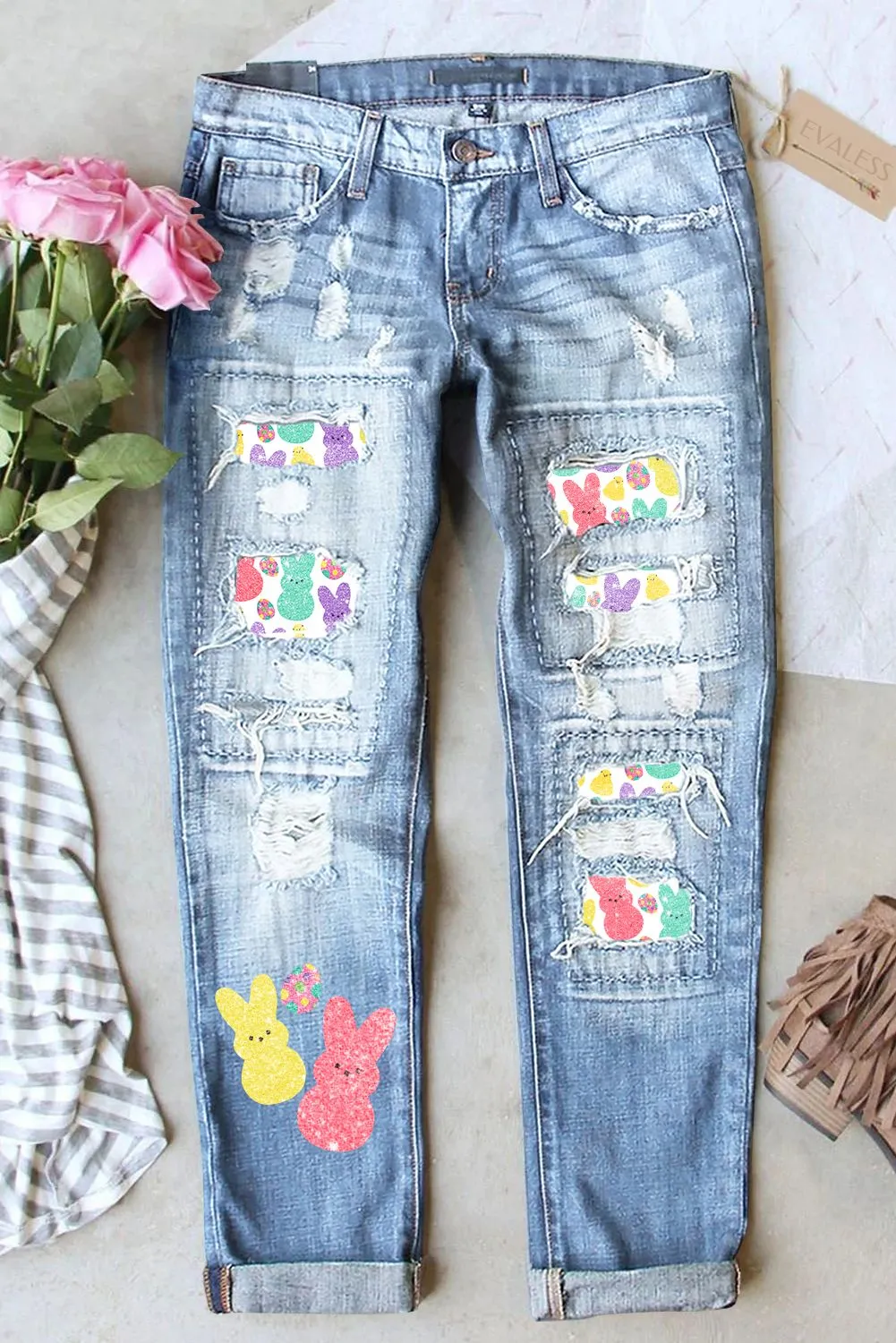 Bunny Rabbit Print Denim Pants Distressed Skinny Jeans for Women