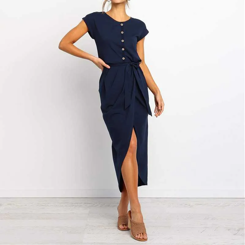 Buttons Short Sleeve Tie Waist Midi Dress With Slit