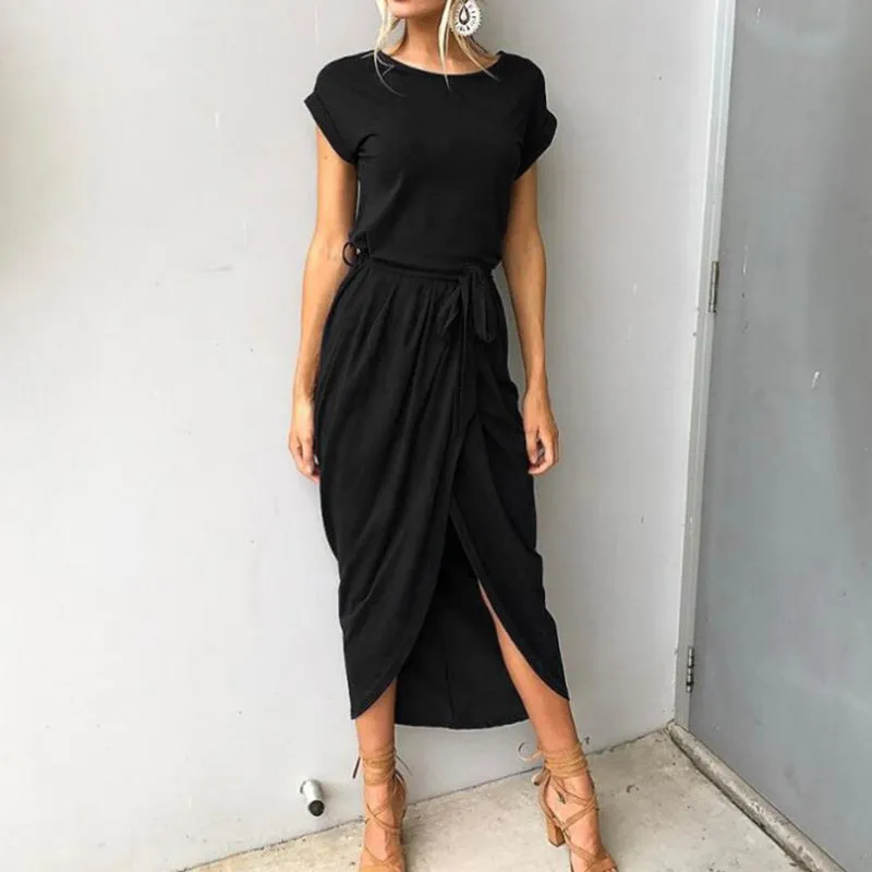 Buttons Short Sleeve Tie Waist Midi Dress With Slit