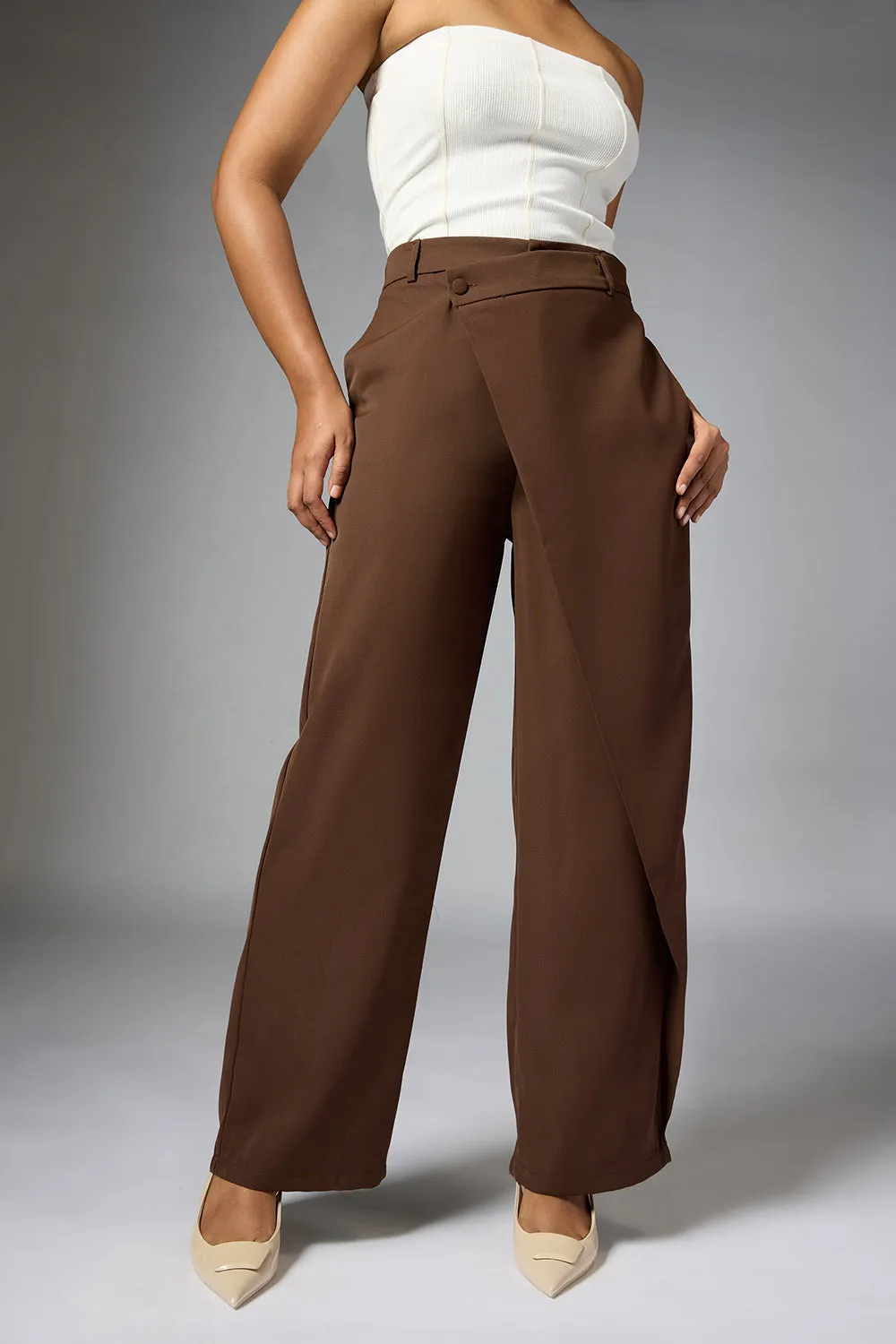 Cedar Brown Wrap Front Korean Pants