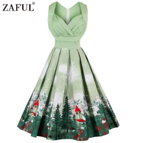 Christmas Print women vintage dresses floral print A-line party dress