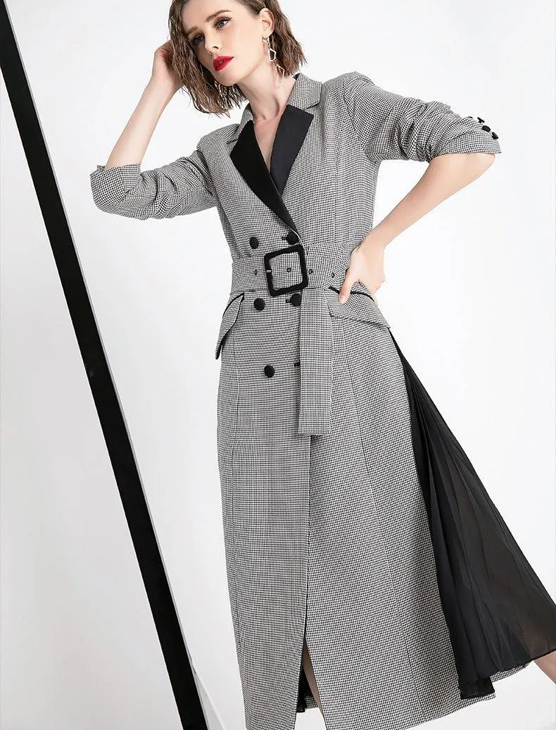 Colorblock Houndstooth Belted Double Breasted Trench Coat