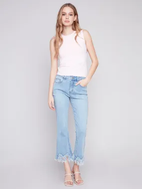 Cropped Jeans with Fringed Hem - Light Blue