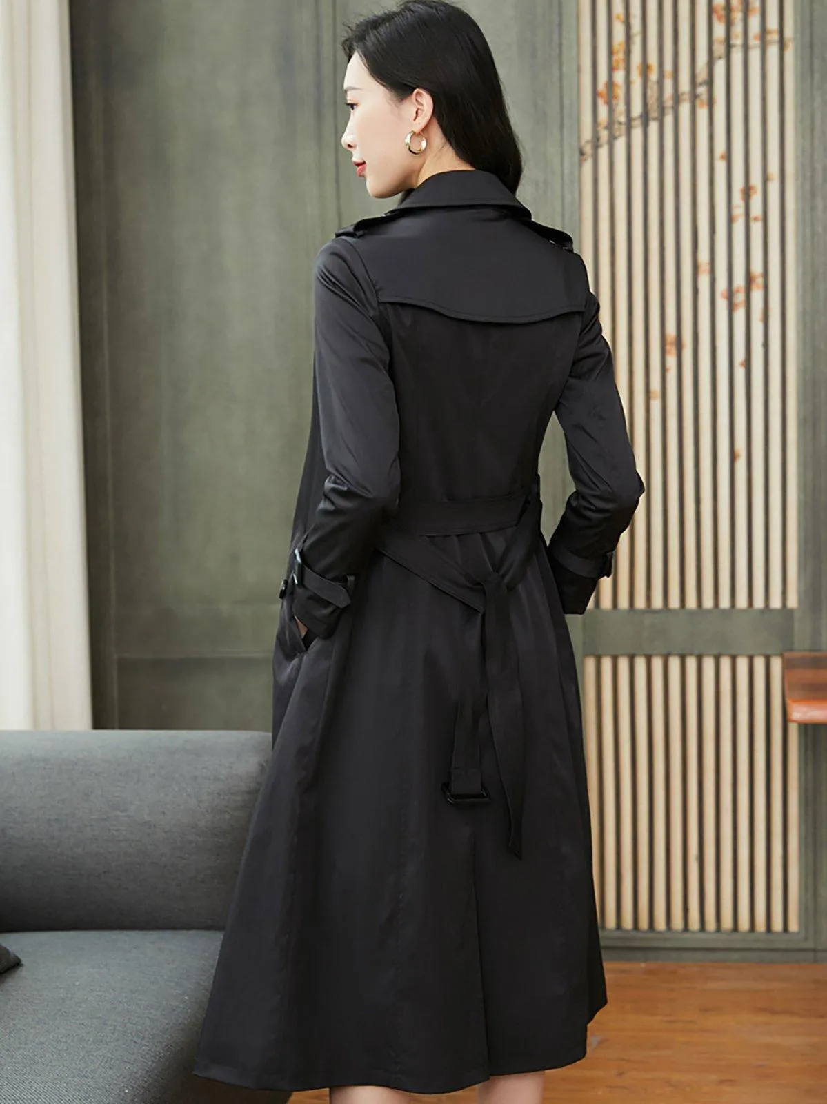 Custom Double Breasted Belted Black Trench Coat