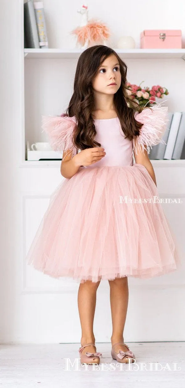 Cute Bateau Cap Sleeves Lilac Tulle A-line Short Cheap Flower Girl Dresses, FGS0013