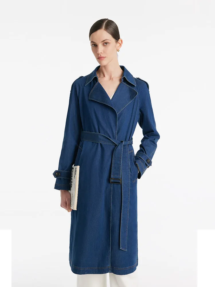 Denim Lapel Women Trench Coat With Belt