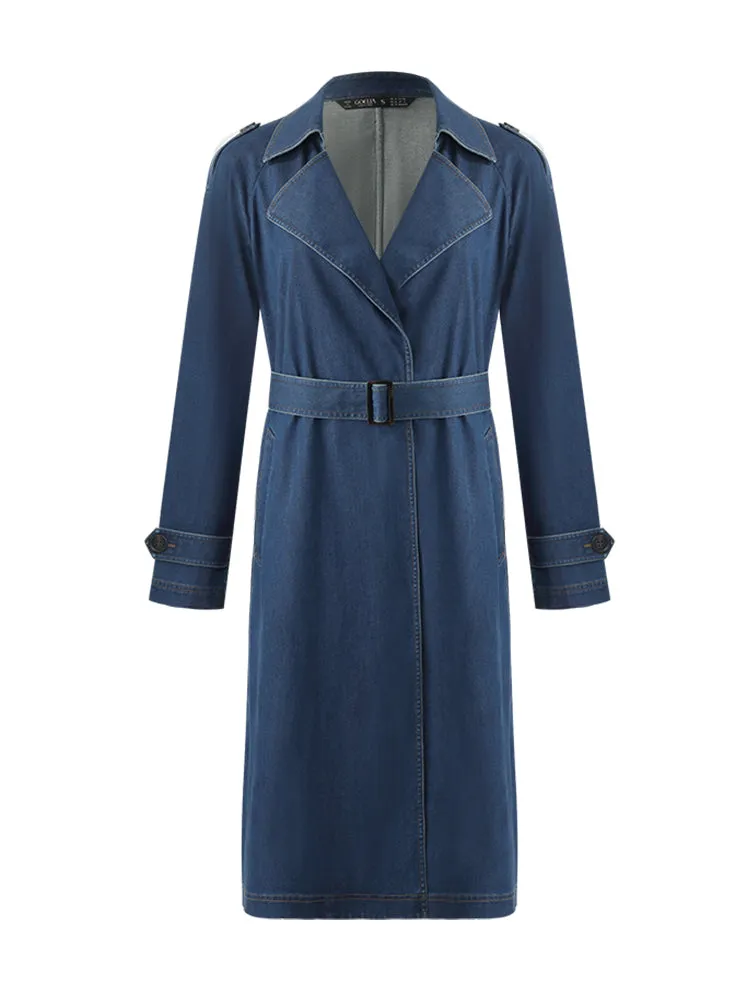 Denim Lapel Women Trench Coat With Belt