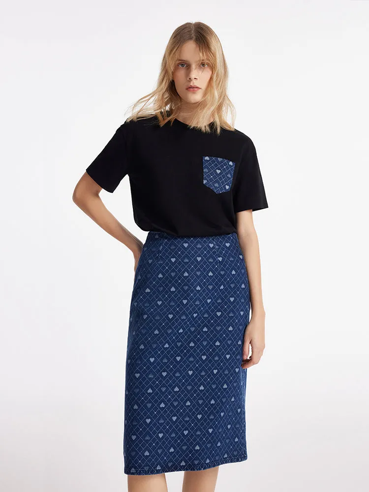 Denim Slit Heart Jacquard Women Skirt