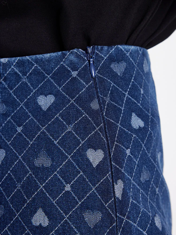 Denim Slit Heart Jacquard Women Skirt