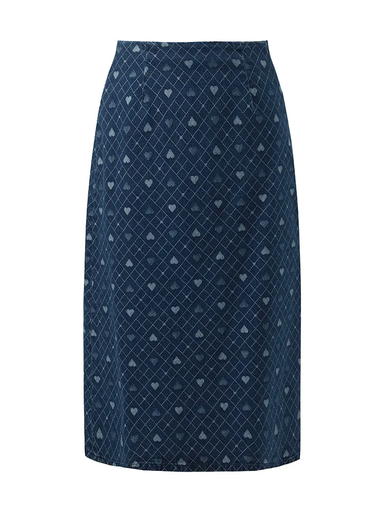 Denim Slit Heart Jacquard Women Skirt