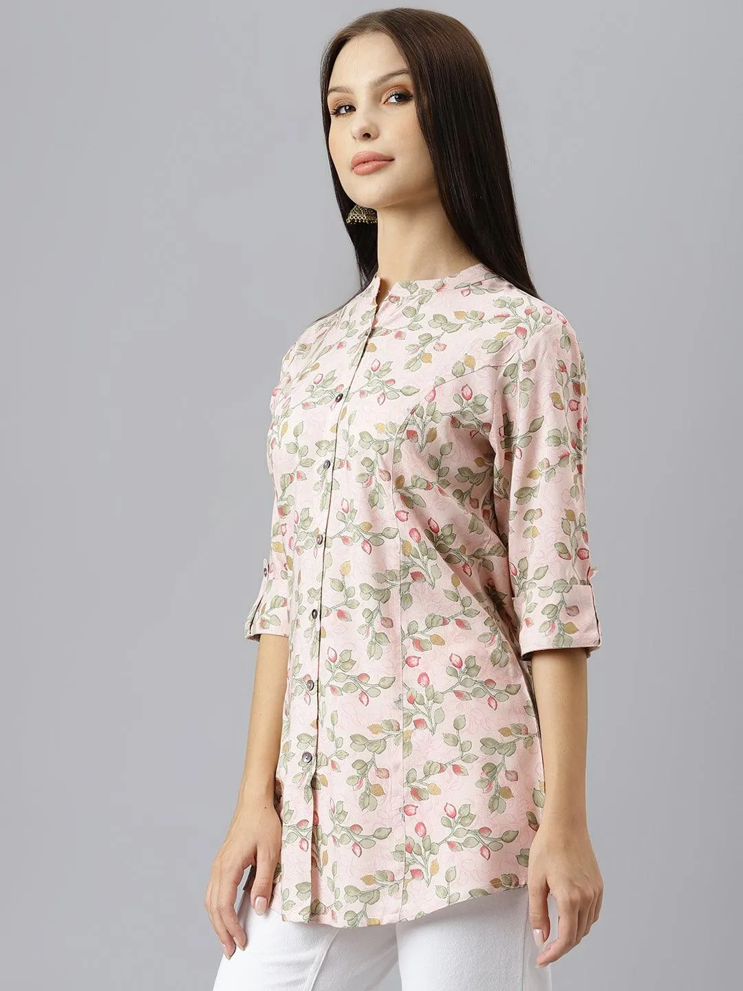 Divena Light Pink Floral Rayon A-line Shirts Style Top