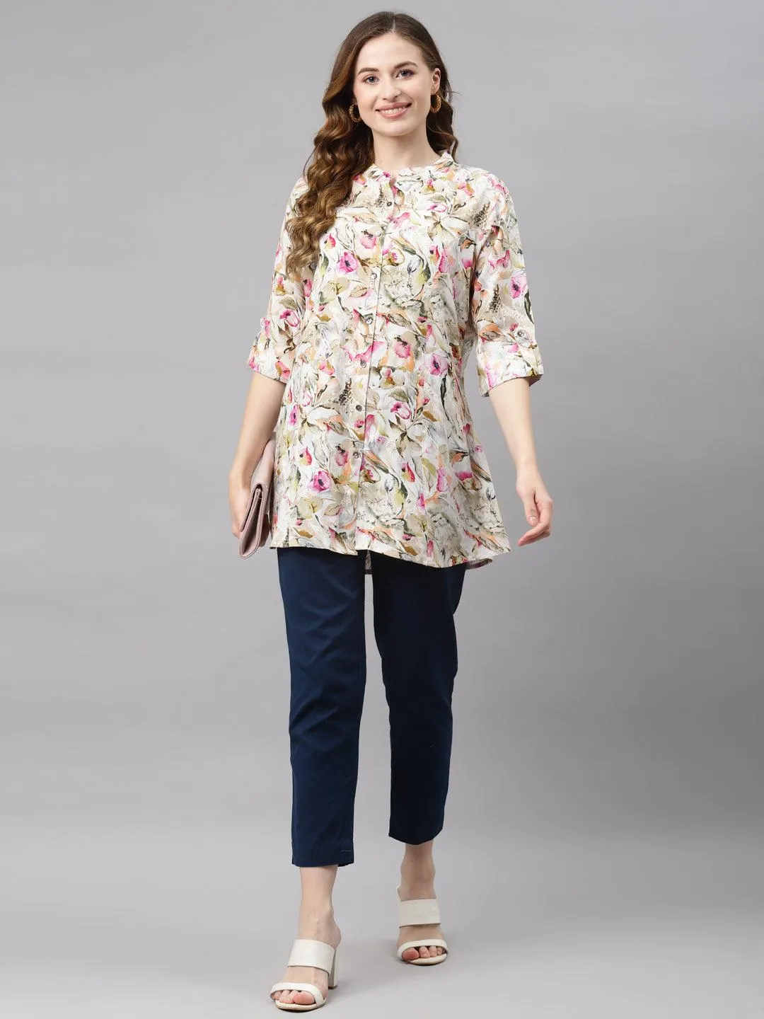 Divena Multi Floral Rayon Shirt Style A-Line Top