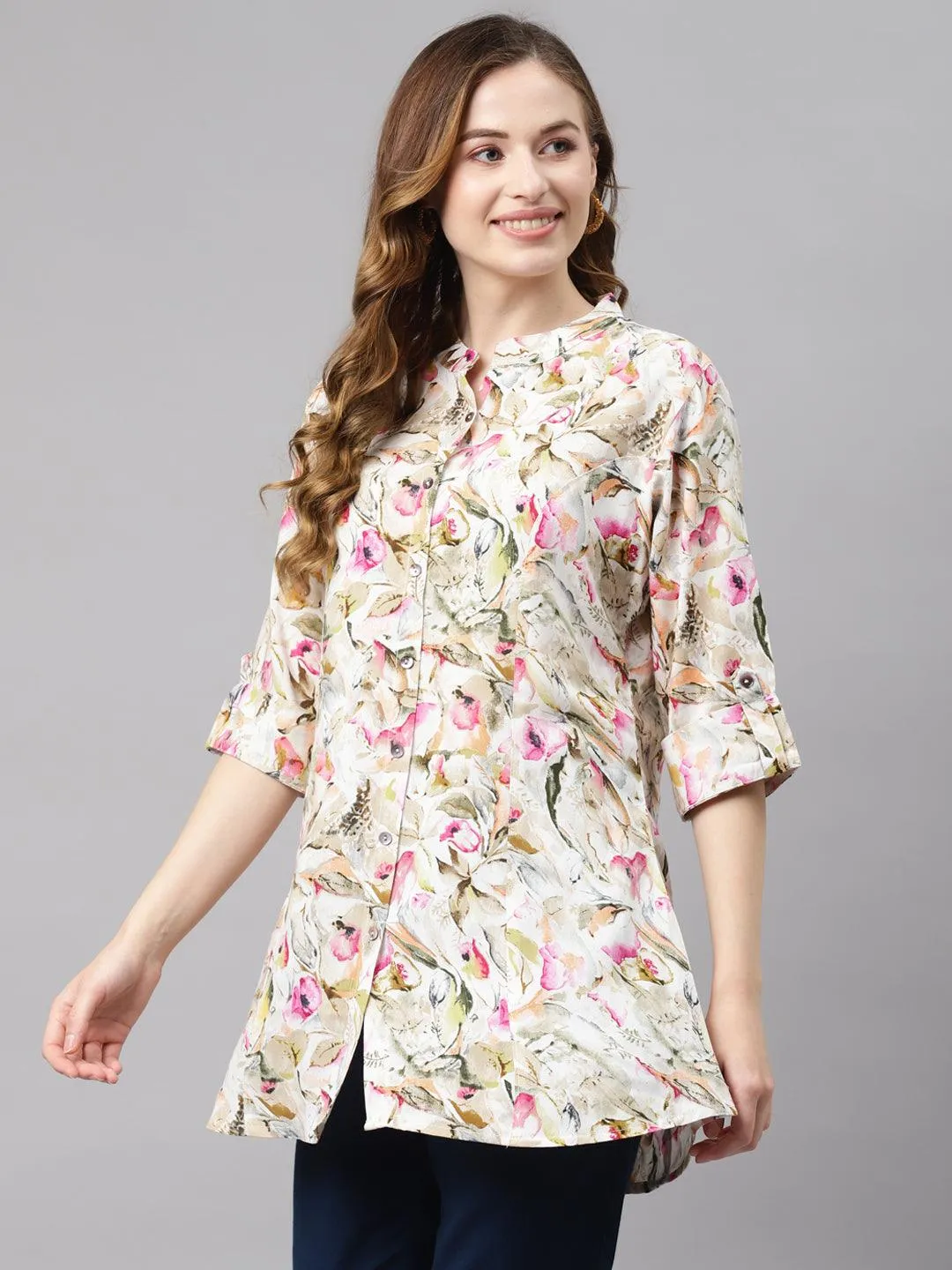 Divena Multi Floral Rayon Shirt Style A-Line Top