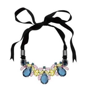 Dynasty Teardrop Crystal Ribbon Necklace, Blue