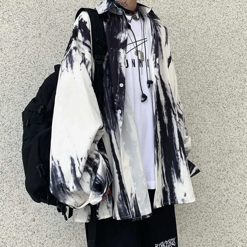 Foesce -Gothic Shirt Men Women Spring Autumn Korean Vintage Tie-dye Printing Loose Bf Hip-hop Casual Long-sleeved Blouse Streetwear