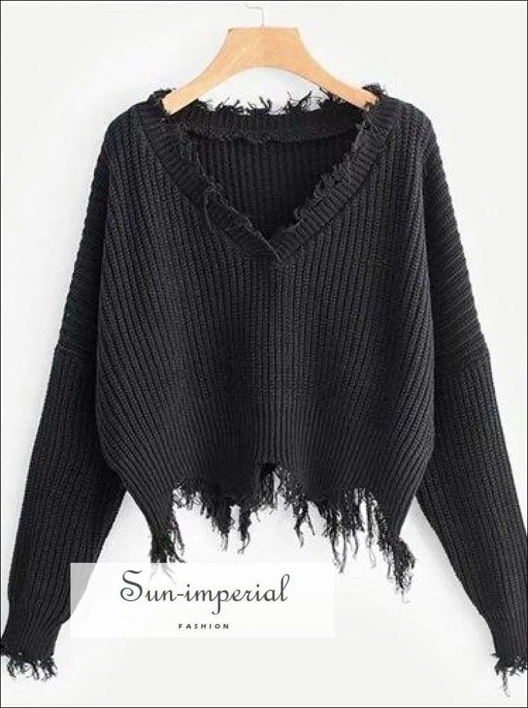 Frayed Trim Drop Shoulder Jumper