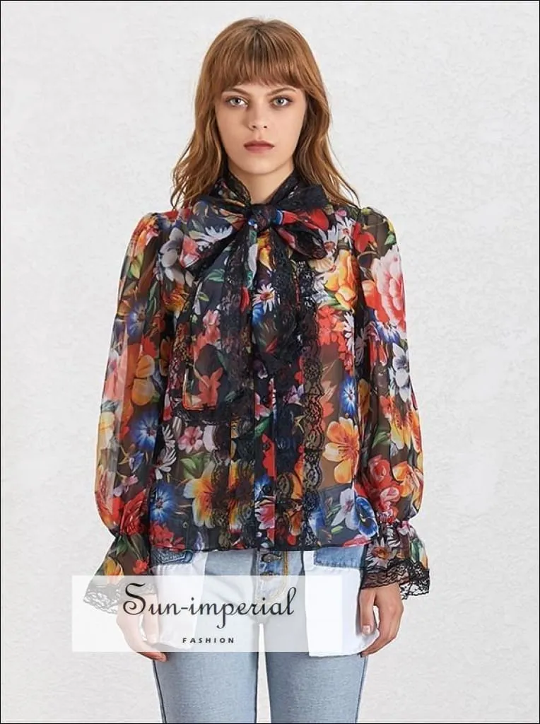 Galilea top - Sheer Floral Print Women Blouse Bowknot Collar Flare Sleeve Loose Shirt