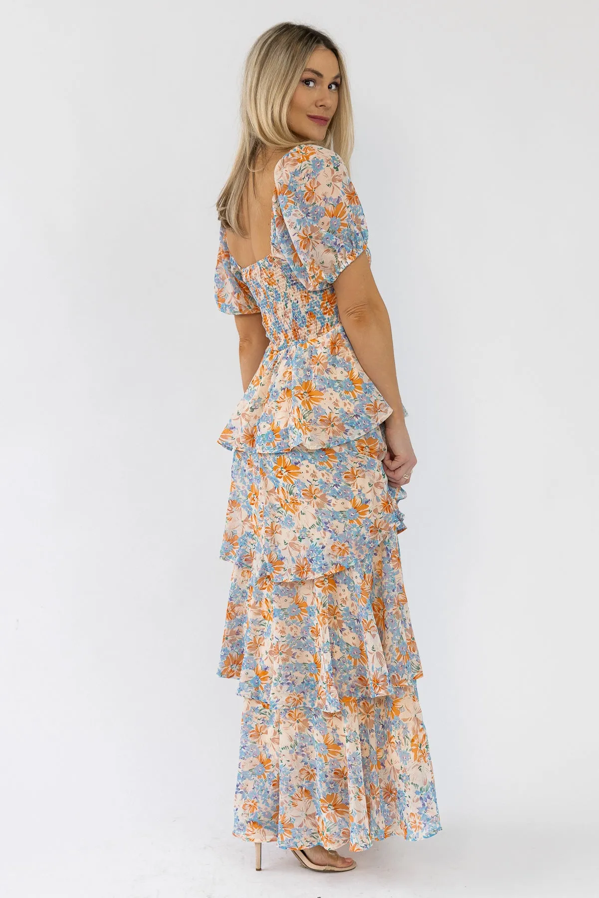 Garden Goddess Orange Floral Maxi Dress