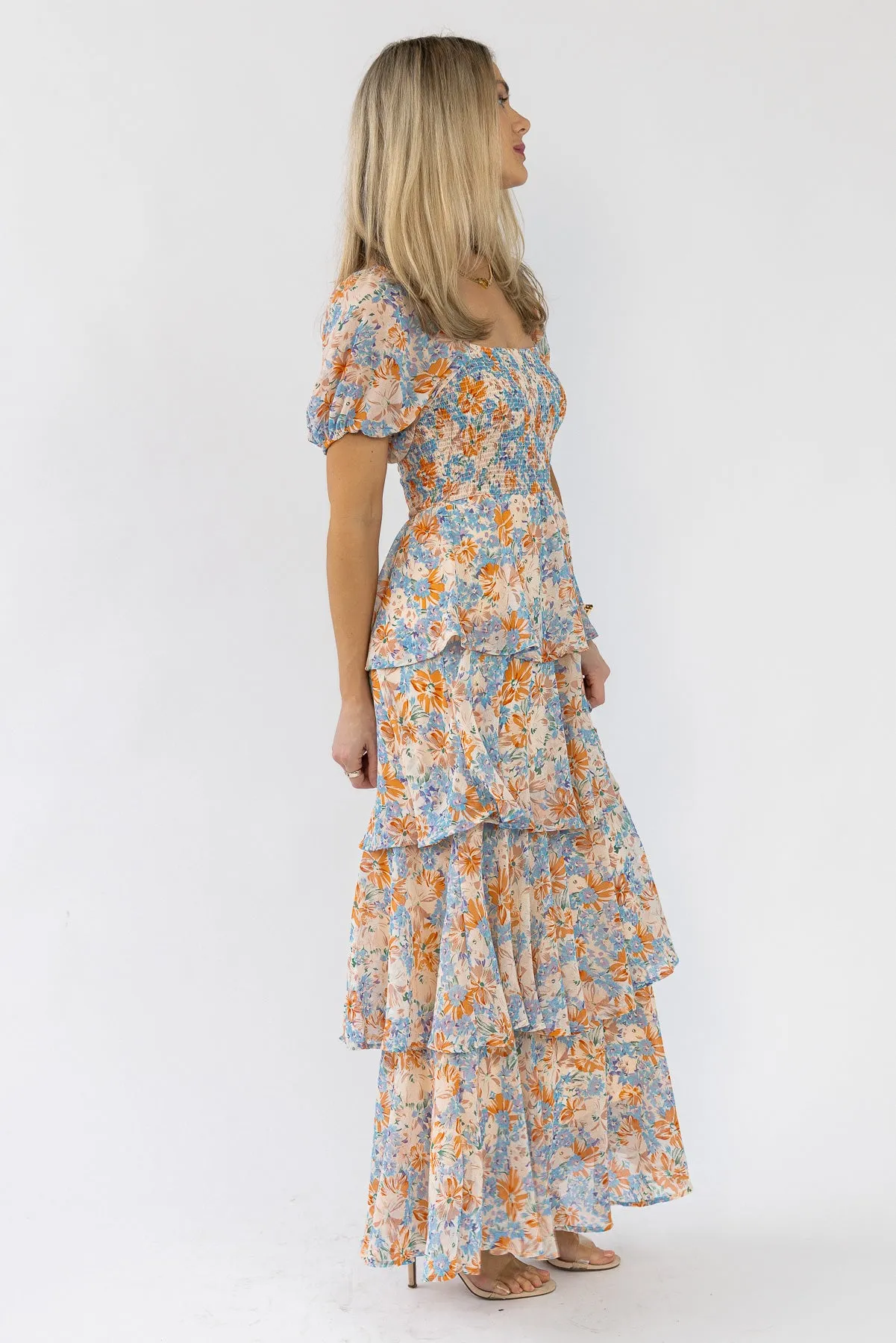 Garden Goddess Orange Floral Maxi Dress