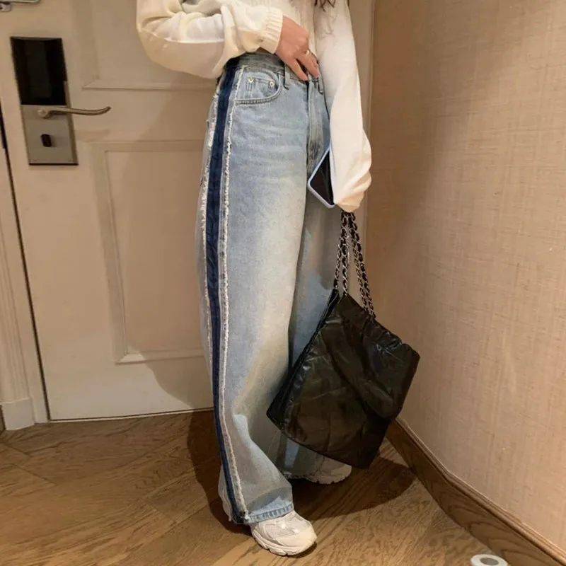 Girlary Autumn Retro High Waist Denim Trousers Women Contrast Stitching Tassel Edge Women Jeans Korean Chic Loose Wide-leg Jeans