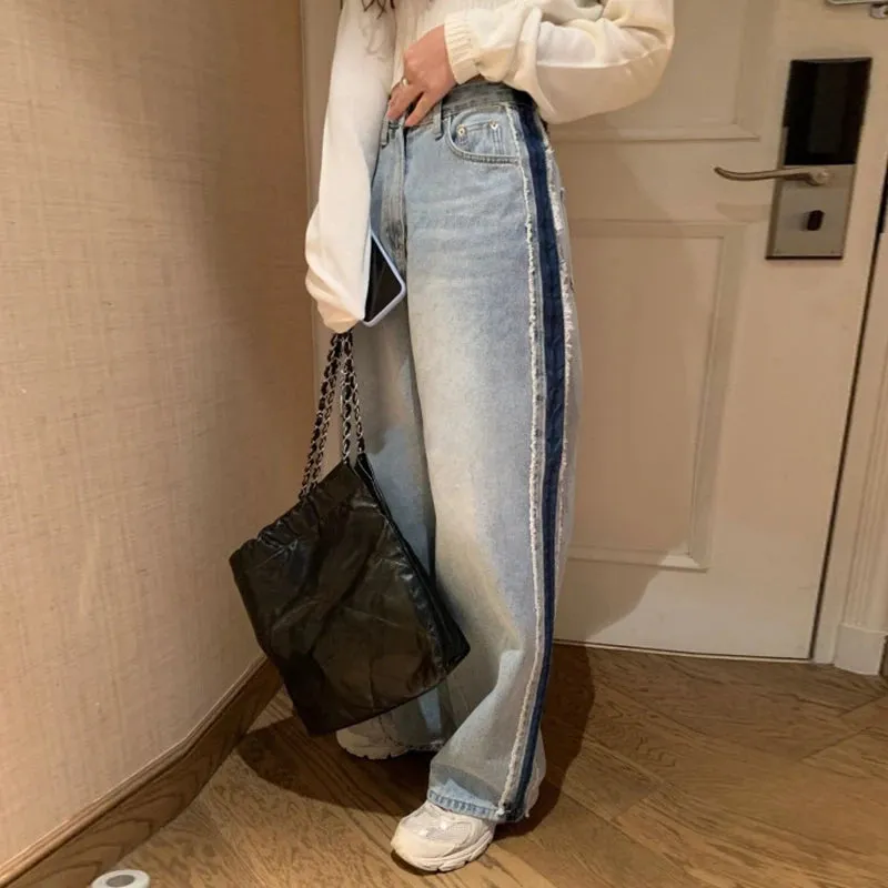 Girlary Autumn Retro High Waist Denim Trousers Women Contrast Stitching Tassel Edge Women Jeans Korean Chic Loose Wide-leg Jeans