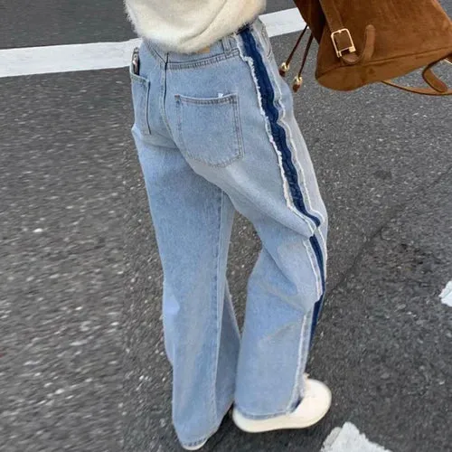 Girlary Autumn Retro High Waist Denim Trousers Women Contrast Stitching Tassel Edge Women Jeans Korean Chic Loose Wide-leg Jeans