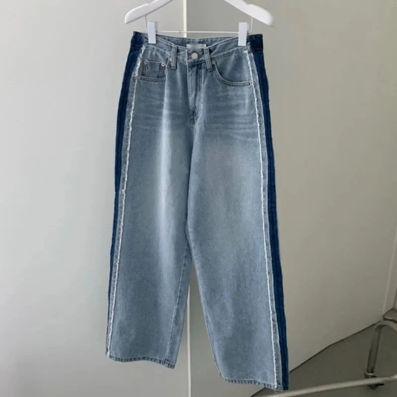 Girlary Autumn Retro High Waist Denim Trousers Women Contrast Stitching Tassel Edge Women Jeans Korean Chic Loose Wide-leg Jeans