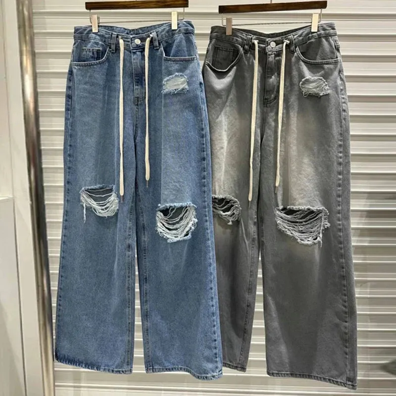 Girlary Autumn Retro High Waist Jeans Woman Design Wide Leg Ripped Jeans for Women Korean Chic Casual Long Baggy Jeans Women