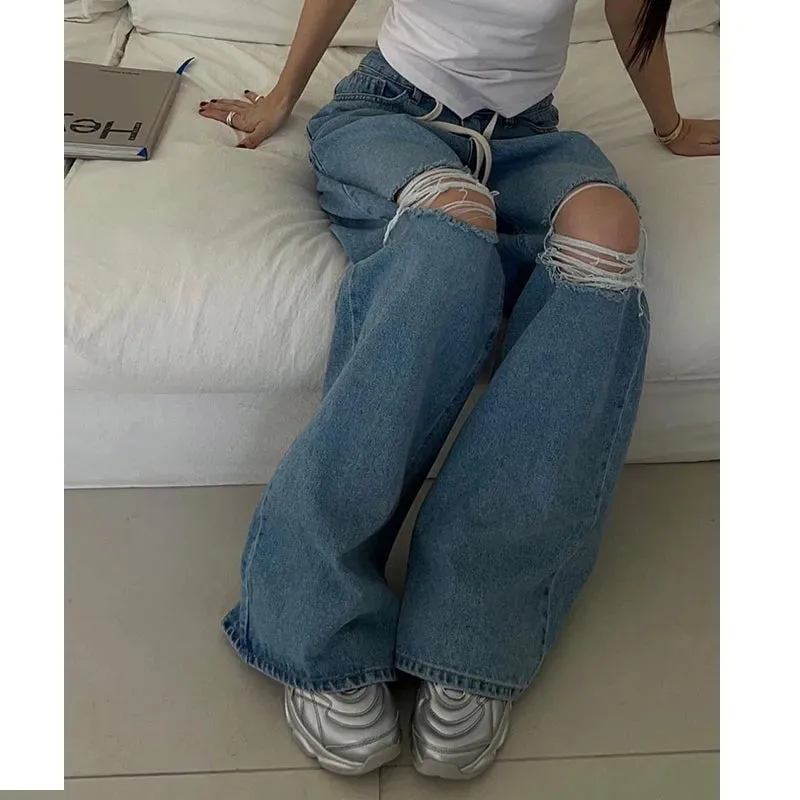 Girlary Autumn Retro High Waist Jeans Woman Design Wide Leg Ripped Jeans for Women Korean Chic Casual Long Baggy Jeans Women