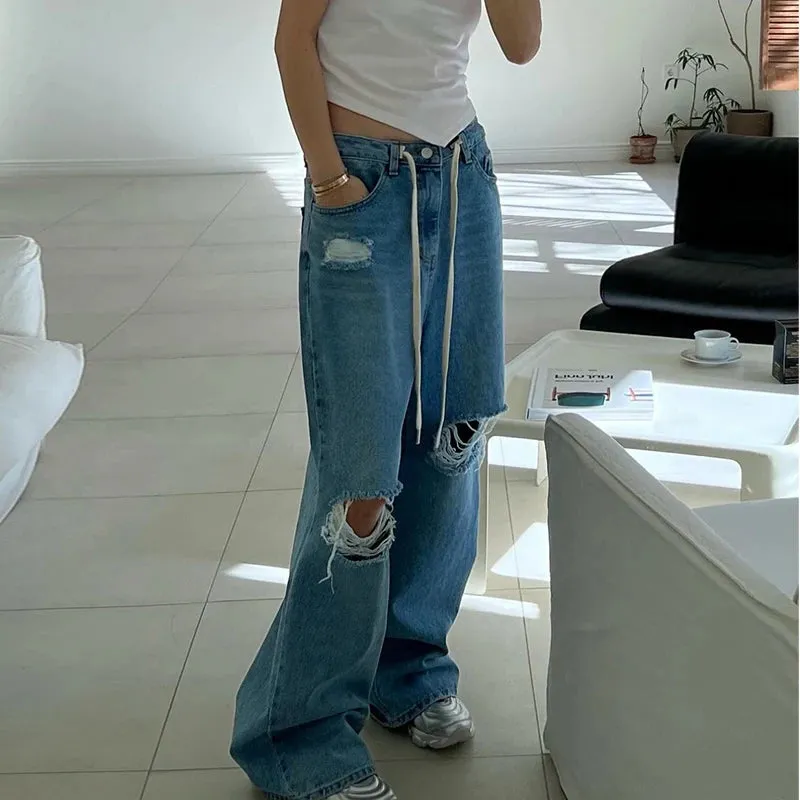 Girlary Autumn Retro High Waist Jeans Woman Design Wide Leg Ripped Jeans for Women Korean Chic Casual Long Baggy Jeans Women