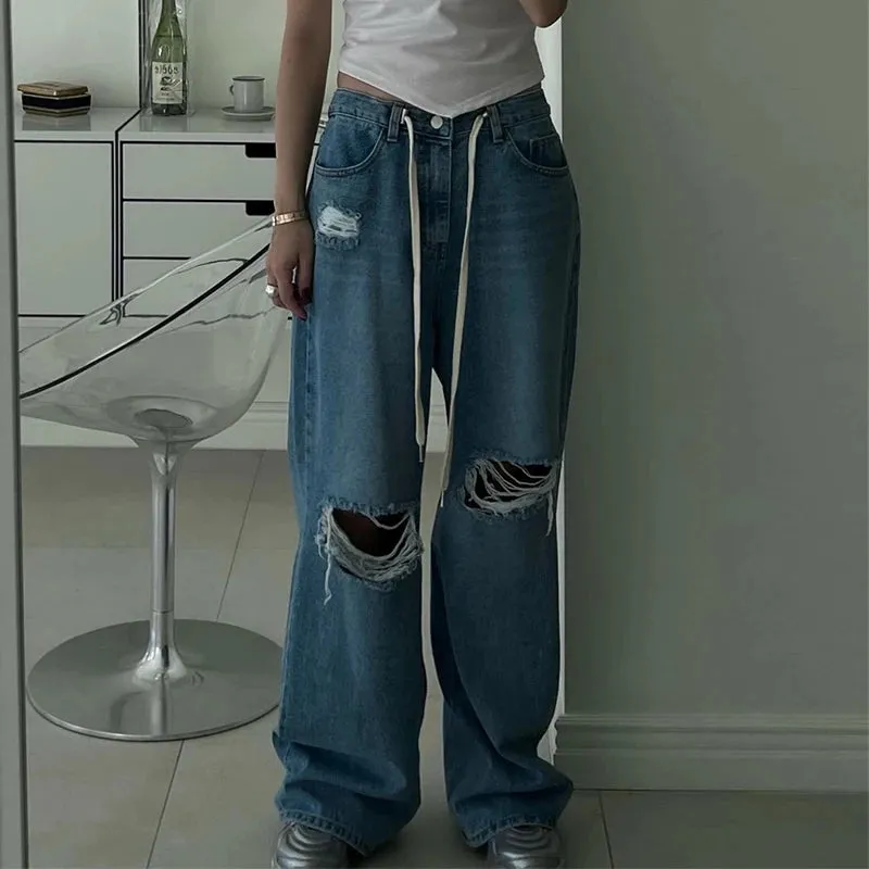 Girlary Autumn Retro High Waist Jeans Woman Design Wide Leg Ripped Jeans for Women Korean Chic Casual Long Baggy Jeans Women