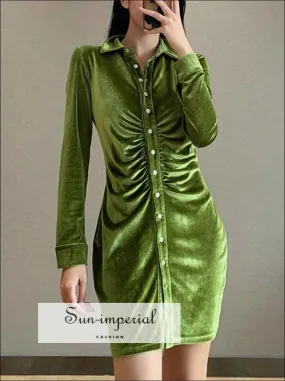 Green Velvet Long Sleeve Autumn Bodycon Mini Dress with Ruched Center and Turn Down Collar detail