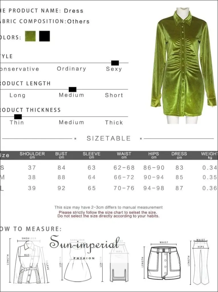 Green Velvet Long Sleeve Autumn Bodycon Mini Dress with Ruched Center and Turn Down Collar detail