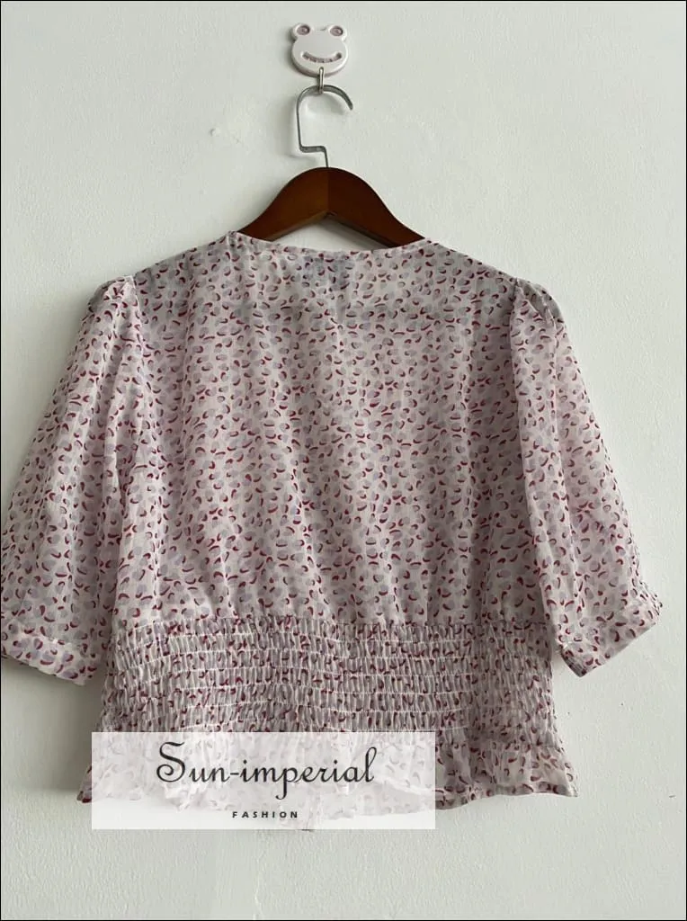 Hearts Print Half Sleeve Women O Neck Blouse Canter Buttons and Ruffled detail top