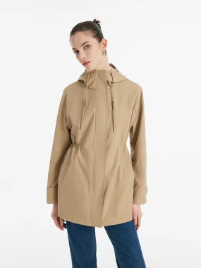 Hooded Stand Collar Gathered Waist Women Trench Coat