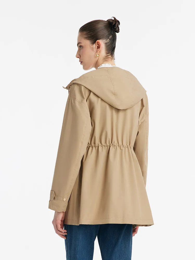 Hooded Stand Collar Gathered Waist Women Trench Coat