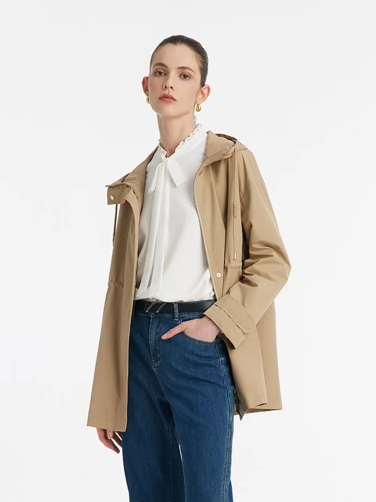 Hooded Stand Collar Gathered Waist Women Trench Coat