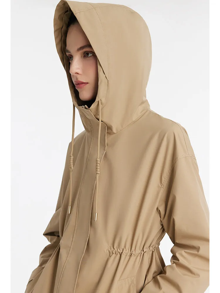 Hooded Stand Collar Gathered Waist Women Trench Coat