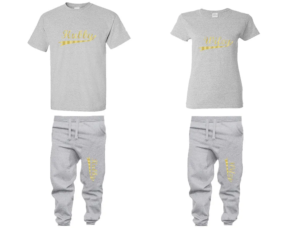 Hubby Wifey Couple Shirts and Jogger Pants,  Gold Foil Design