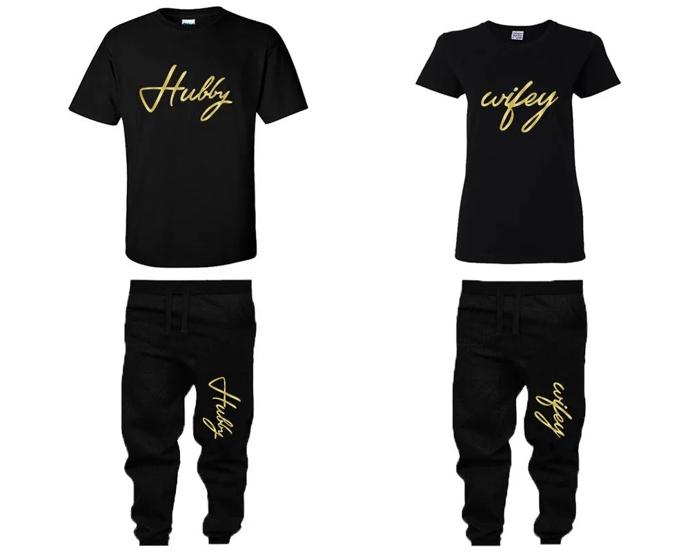 Hubby Wifey Couple Shirts and Jogger Pants,  Gold Foil Design